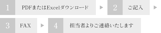 1.PDFまたはExcelダウンロード→2.ご記入→3.FAX→4.担当者よりご連絡いたします